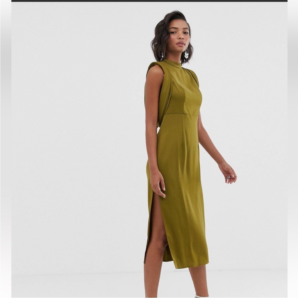 ASOS DESIGN satin midi dress with drape armhole and side split stunning dress
